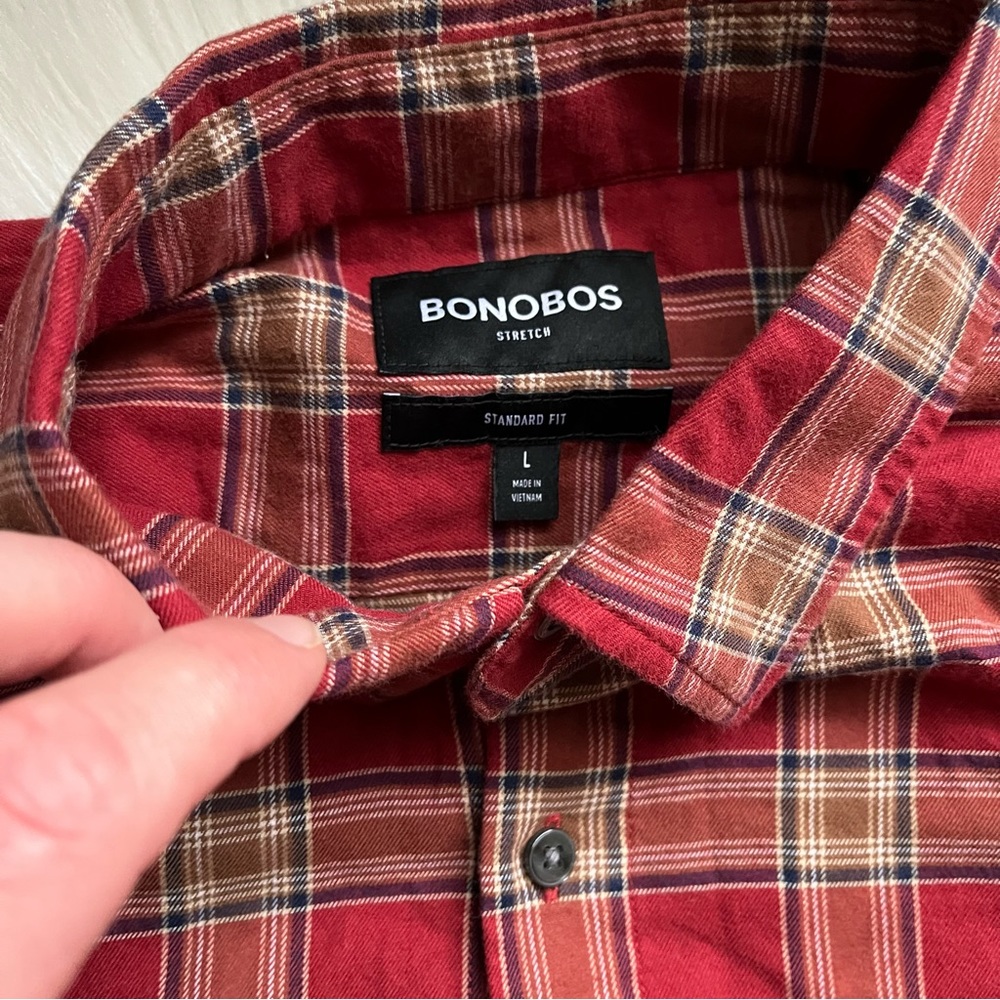 New Bonobos Long Sleeve Stretch Cotton Button Down Shirt Large Red Plaid - Picture 4 of 5